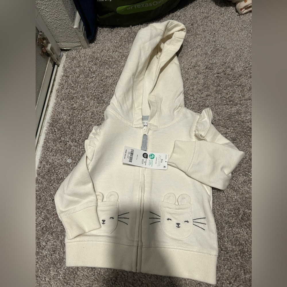 Cozy Cream Kids Hoodie with Cute Cat Design- 6 month- nwt
